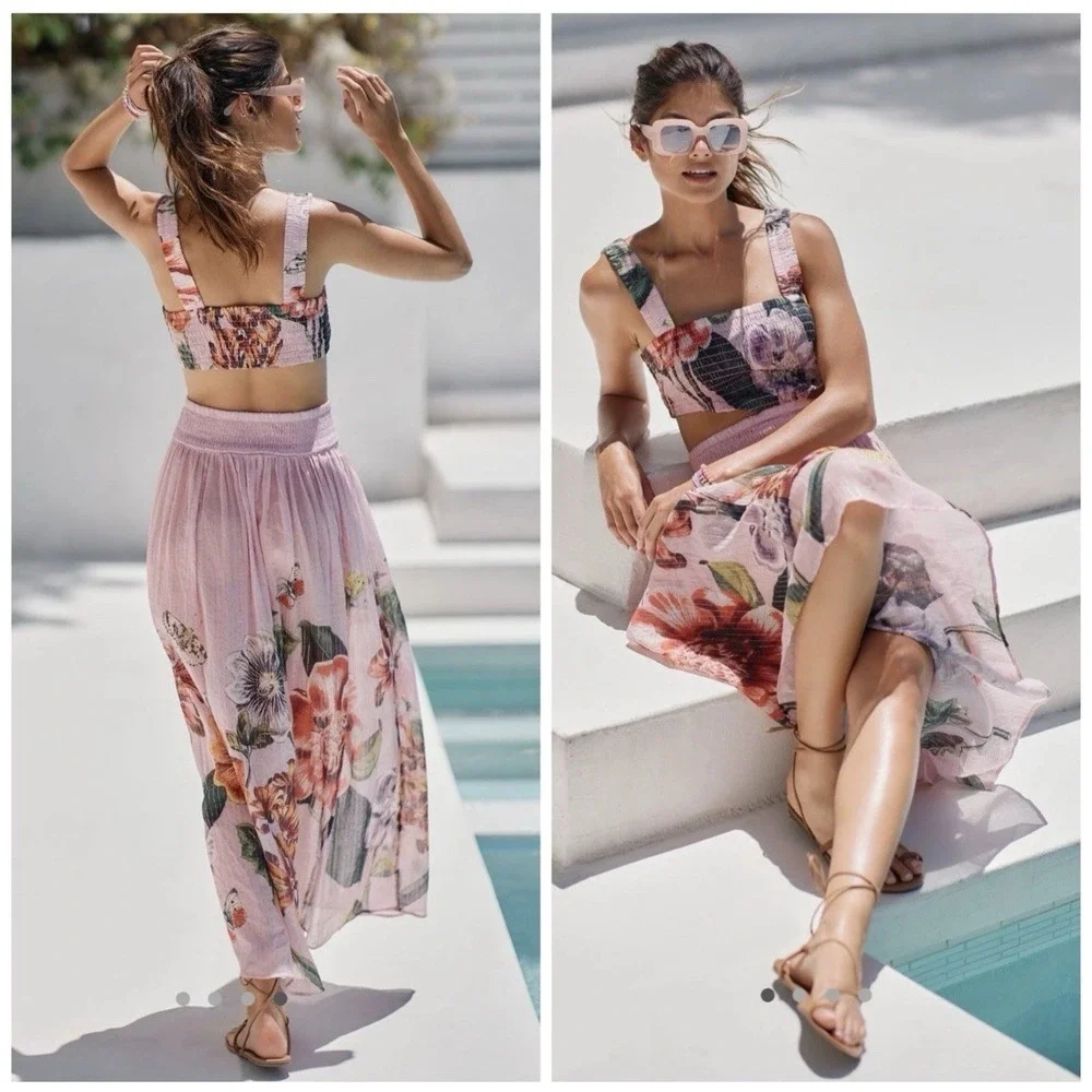 ANTHROPOLOGIE Piper Bandeau Cutout Maxi Dress in Pink Rose Motif‎ OB1570574 Larg